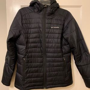 Black Columbia puffer coat with hood, size S